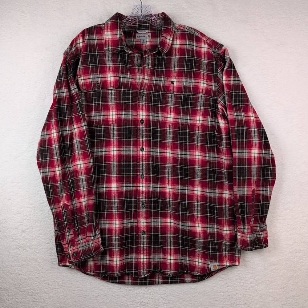 Carhartt Hubbard Plaid Button Up Shirt Men's XL TALL Long Sleeve Red Brown